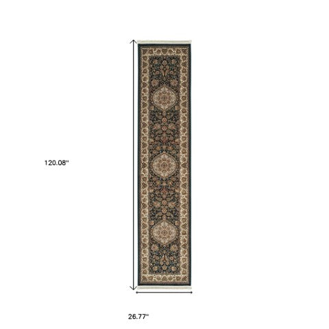 Homeroots 4' Dark Blue Medallion Area Rug With Fringe – Stain Resistant, Stylish Design For Any Room 10' Runner Polypropylene 576060