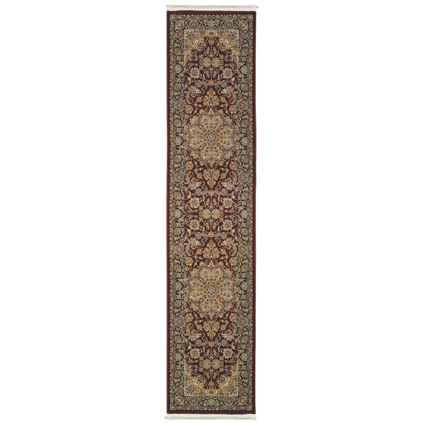 HomeRoots 10' Elegant Medallion Runner Rug in Red, Light Brown & Ivory with Fringed Edges for Hallways 2'3" x 10' 576061