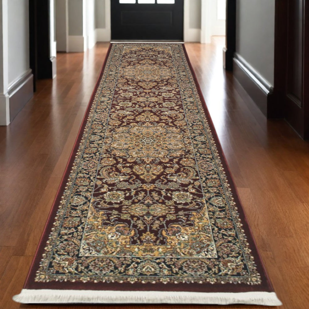 HomeRoots 10' Elegant Medallion Runner Rug in Red, Light Brown & Ivory with Fringed Edges for Hallways 2'3" x 10' 576061