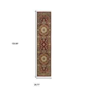 Homeroots 4' Stylish Medallion Area Rug In Red, Black, And Tan - Soft, Stain-resistant With Timeless Fringe 10' Runner Polypropylene 576063