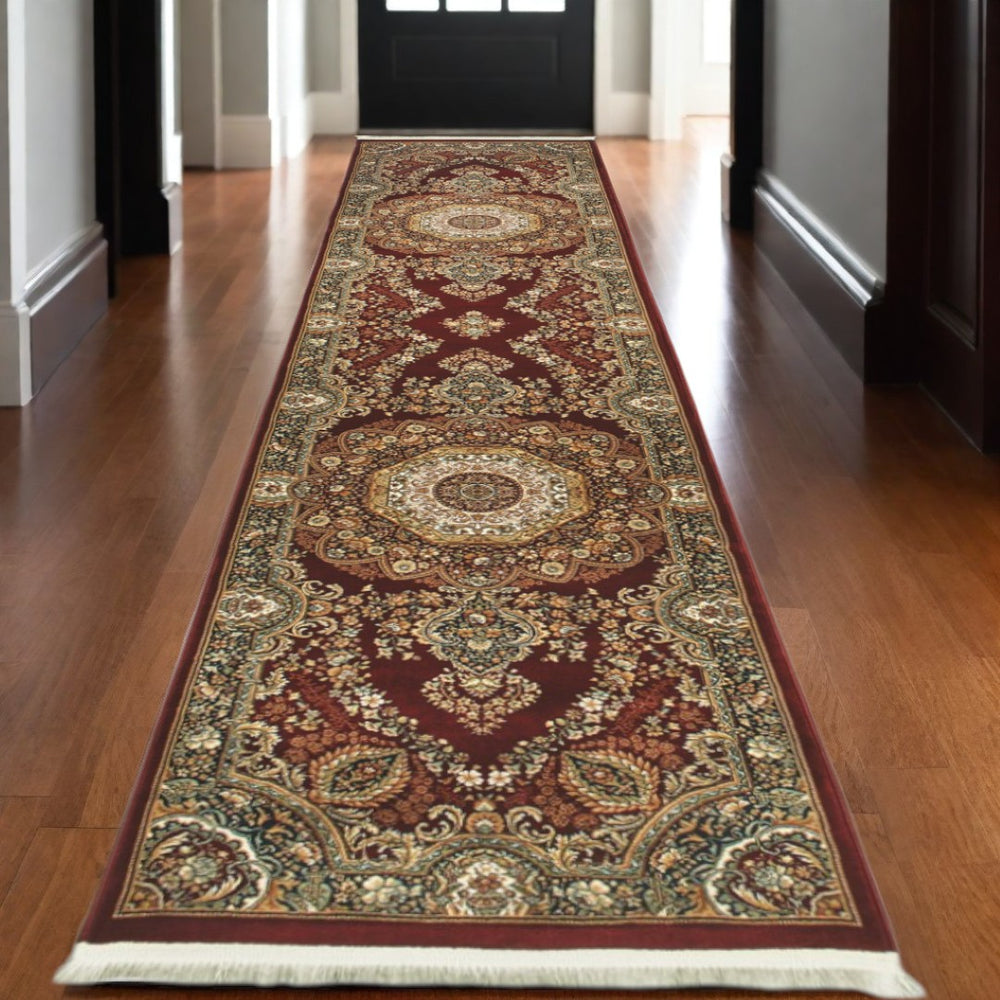 HomeRoots 4' Elegant Medallion Area Rug in Black, Red, and Tan - Stain-Resistant, Durable, Timeless Design 10' Runner 576063