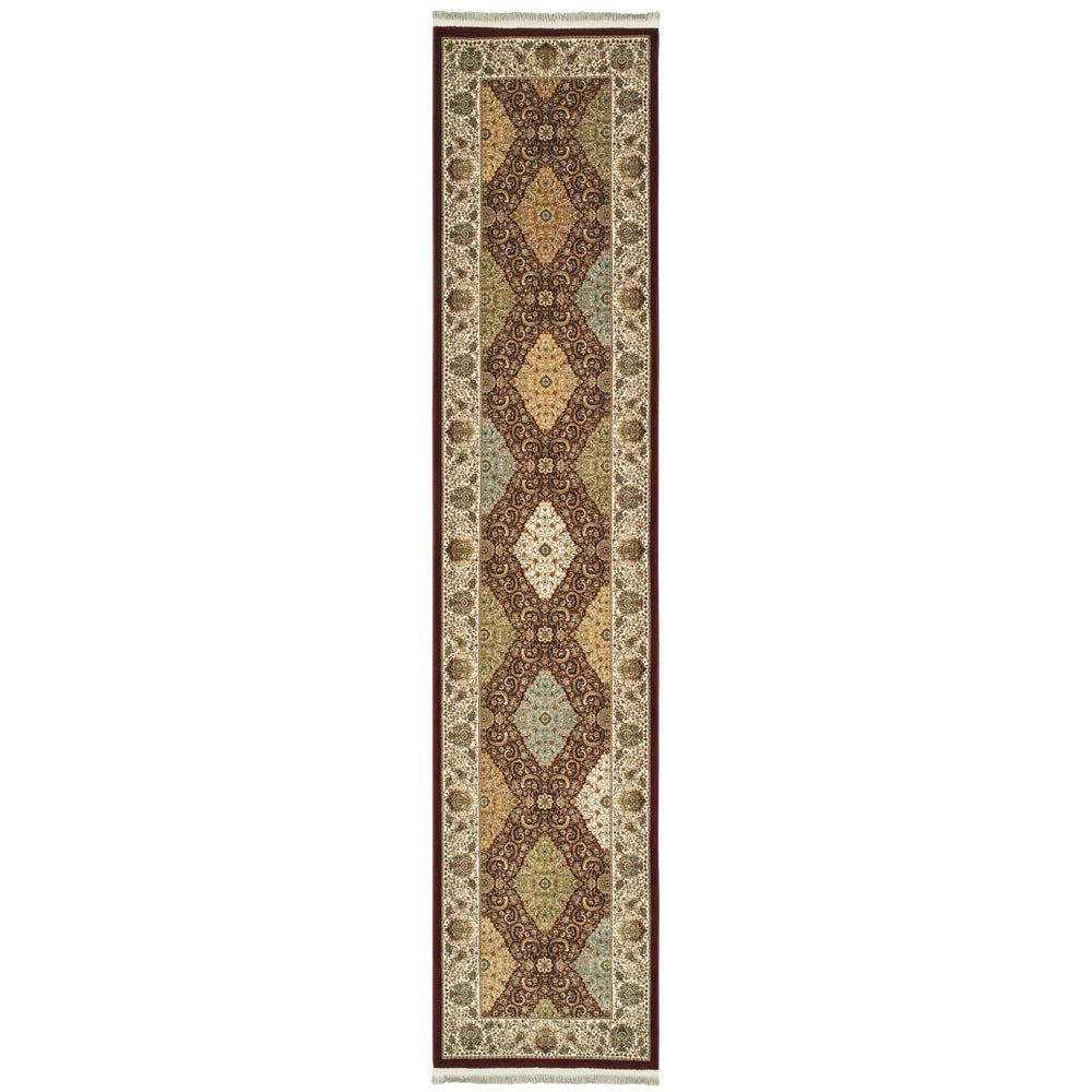 HomeRoots 4' Elegant Red Tan and Ivory Oriental Area Rug with Fringe - Timeless Design for Any Space 10' Runner 576064