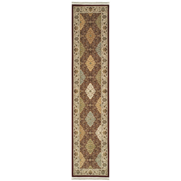HomeRoots 4' Elegant Red Tan and Ivory Oriental Area Rug with Fringe - Timeless Design for Any Space 10' Runner 576064