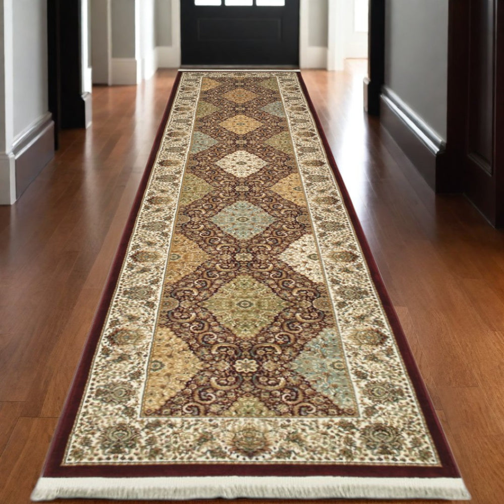 HomeRoots 4' Elegant Red Tan and Ivory Oriental Area Rug with Fringe - Timeless Design for Any Space 10' Runner 576064