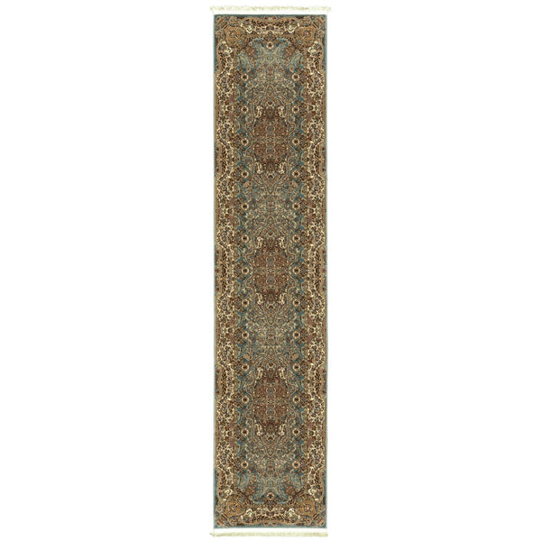 HomeRoots 5' Blue and Gold Medallion Area Rug with Fringe - Timeless Design, Stain-Resistant, Durable Style 10' Runner 576067