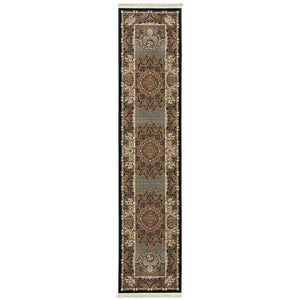 HomeRoots 5' Blue and Red Medallion Area Rug - Classic Elegance with Fringe, Stain-Resistant for High-Traffic Areas 2'3" x 10' 576068
