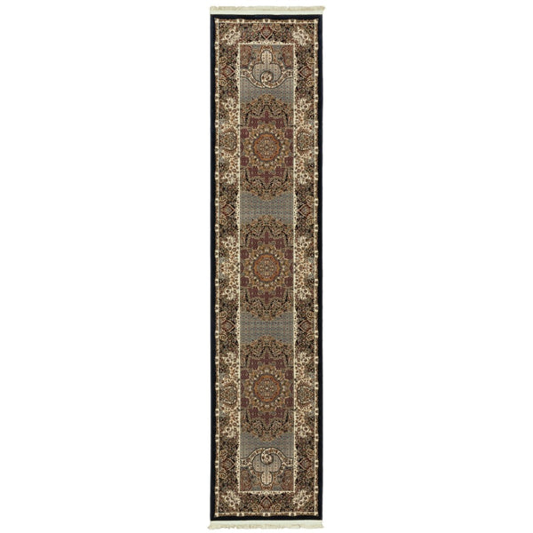 HomeRoots 5' Blue and Red Medallion Area Rug - Classic Elegance with Fringe, Stain-Resistant for High-Traffic Areas 2'3" x 10' 576068