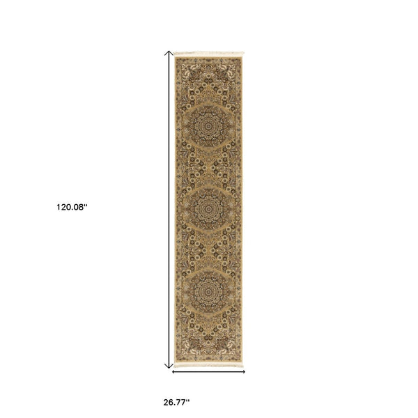 HomeRoots 5' Red and Gold Medallion Area Rug with Fringed Edges - Durable, Stain-Resistant, Timeless Design 10' Runner 576069