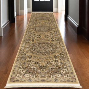 HomeRoots 5' Red and Gold Medallion Area Rug with Fringed Edges - Durable, Stain-Resistant, Timeless Design 10' Runner 576069