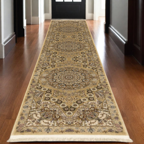 HomeRoots 5' Red and Gold Medallion Area Rug with Fringed Edges - Durable, Stain-Resistant, Timeless Design 10' Runner 576069