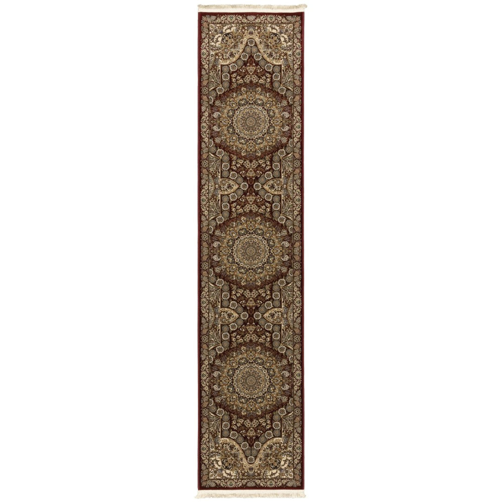 HomeRoots 5' Red and Gold Medallion Area Rug with Fringed Edges - Durable, Stain-Resistant, Timeless Design 10' Runner 576070