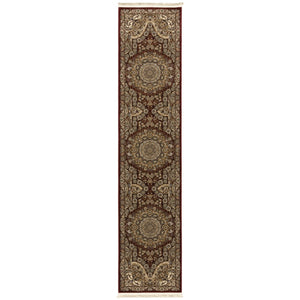 HomeRoots 5' Red and Gold Medallion Area Rug with Fringed Edges - Durable, Stain-Resistant, Timeless Design 10' Runner 576070