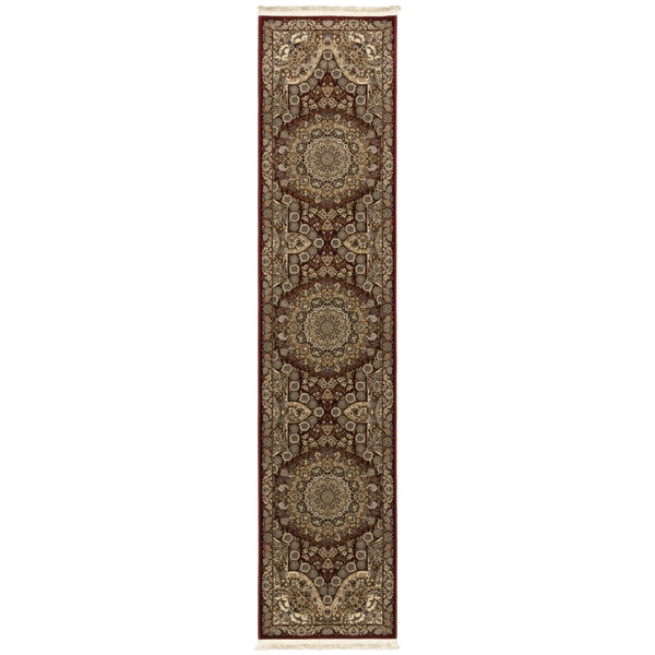 HomeRoots 5' Red and Gold Medallion Area Rug with Fringed Edges - Durable, Stain-Resistant, Timeless Design 10' Runner 576070