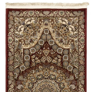 HomeRoots 5' Red and Gold Medallion Area Rug with Fringed Edges - Durable, Stain-Resistant, Timeless Design 10' Runner 576070