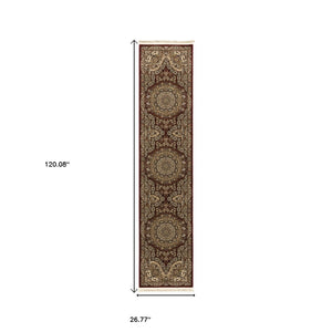 HomeRoots 5' Red and Gold Medallion Area Rug with Fringed Edges - Durable, Stain-Resistant, Timeless Design 10' Runner 576070