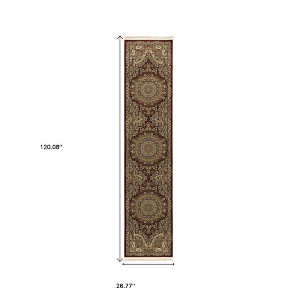 HomeRoots 5' Red and Gold Medallion Area Rug with Fringed Edges - Durable, Stain-Resistant, Timeless Design 10' Runner 576070