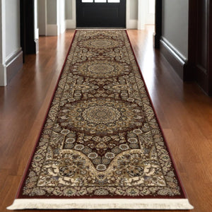 HomeRoots 5' Red and Gold Medallion Area Rug with Fringed Edges - Durable, Stain-Resistant, Timeless Design 10' Runner 576070