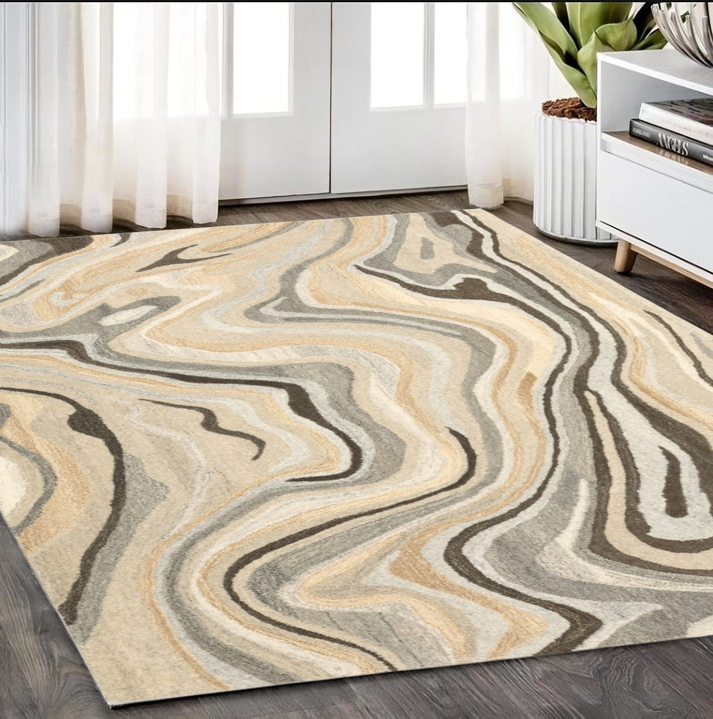 Homeroots 4' Abstract Hand-tufted Beige And Charcoal Wool Area Rug - Artful Design For Elegant Home Décor 5' X 8' Wool 576073