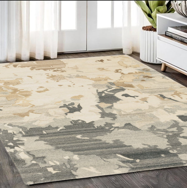 Homeroots 4' Enhance Your Living Space With A Beige And Charcoal Abstract Hand-tufted Wool Area Rug 5' X 8' Wool 576075