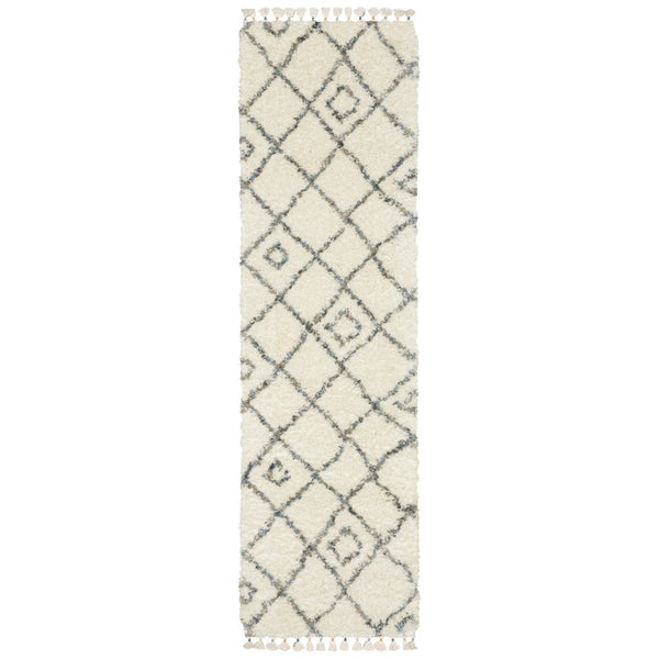 HomeRoots 5' Ivory Gray and Tan Diamond Shag Area Rug with Fringe - Plush, Stain-Resistant Luxury for Homes 8' Runner 576085