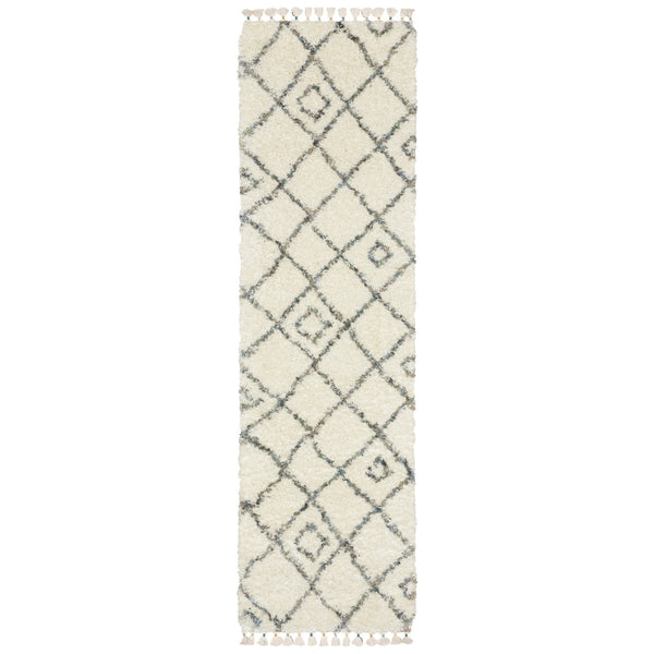 Homeroots 5' Ivory Diamond Shag Area Rug With Fringe - Stylish, Stain-resistant Comfort For Any Space 8' Runner Polypropylene 576085
