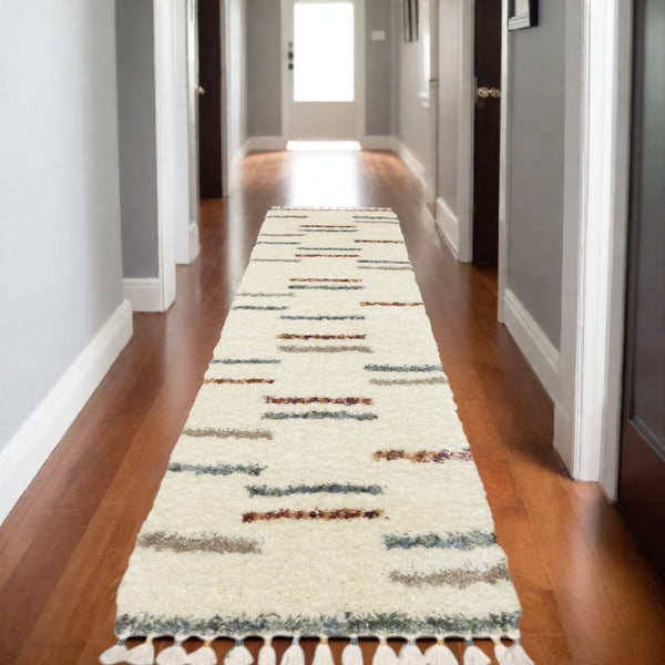 Homeroots 8' Ivory Striped Shag Runner Rug With Fringe - Stylish, Stain Resistant, Perfect For Any Decor! 8' Runner Polypropylene 576086