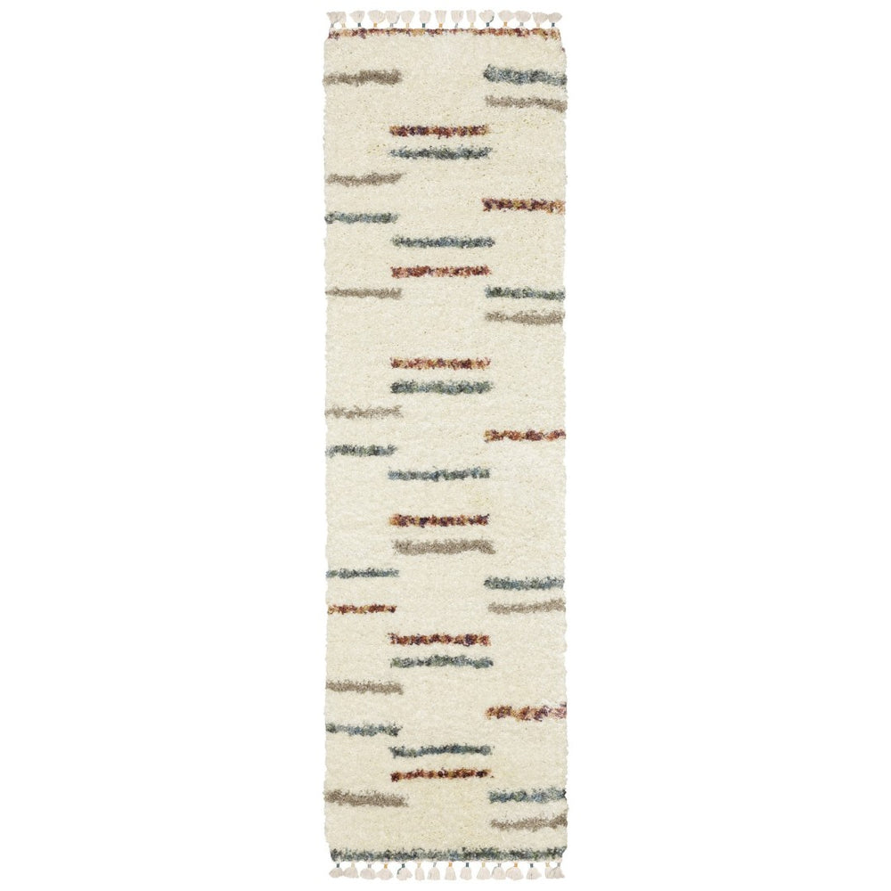 HomeRoots 8' Ivory Gray and Tan Striped Shag Rug with Tasseled Ends - Soft, Stylish, and Durable for Any Space 8' Runner 576086