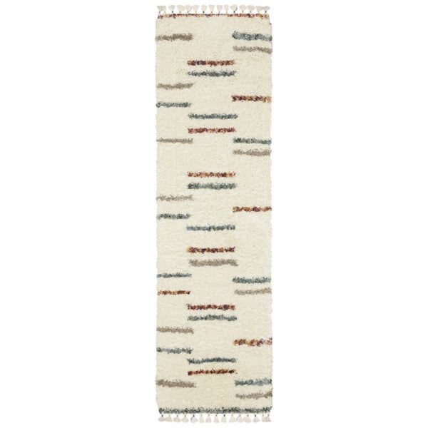 HomeRoots 8' Ivory Gray and Tan Striped Shag Rug with Tasseled Ends - Soft, Stylish, and Durable for Any Space 8' Runner 576086