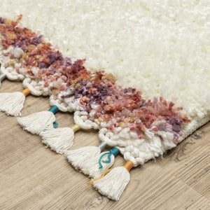 Homeroots 8' Ivory Striped Shag Runner Rug With Fringe - Stylish, Stain Resistant, Perfect For Any Decor! 8' Runner Polypropylene 576086