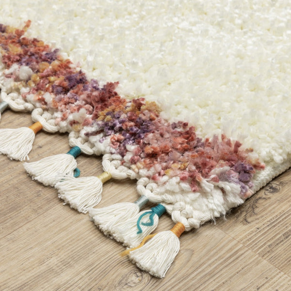 Homeroots 8' Ivory Striped Shag Runner Rug With Fringe - Stylish, Stain Resistant, Perfect For Any Decor! 8' Runner Polypropylene 576086