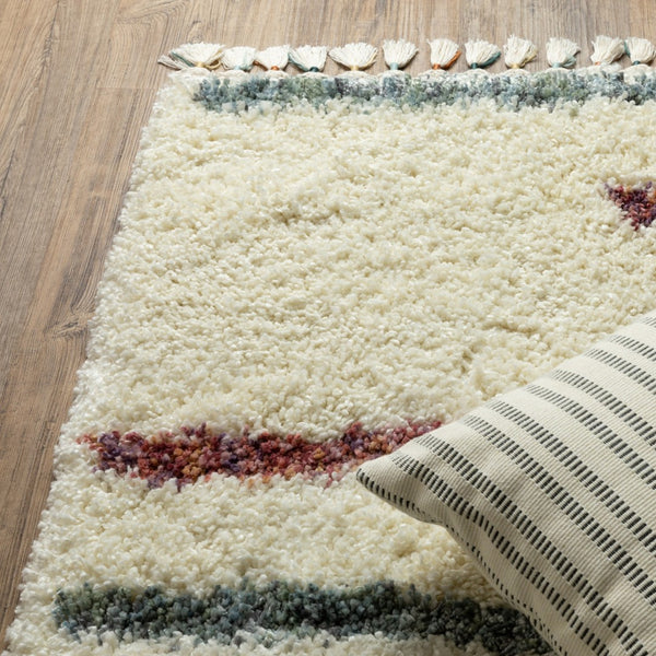 Homeroots 8' Ivory Striped Shag Runner Rug With Fringe - Stylish, Stain Resistant, Perfect For Any Decor! 8' Runner Polypropylene 576086