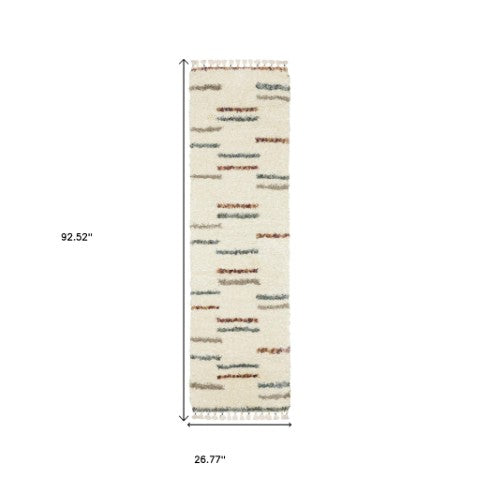 Homeroots 8' Ivory Striped Shag Runner Rug With Fringe - Stylish, Stain Resistant, Perfect For Any Decor! 8' Runner Polypropylene 576086