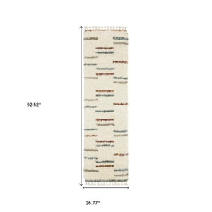 Homeroots 8' Ivory Striped Shag Runner Rug With Fringe - Stylish, Stain Resistant, Perfect For Any Decor! 8' Runner Polypropylene 576086
