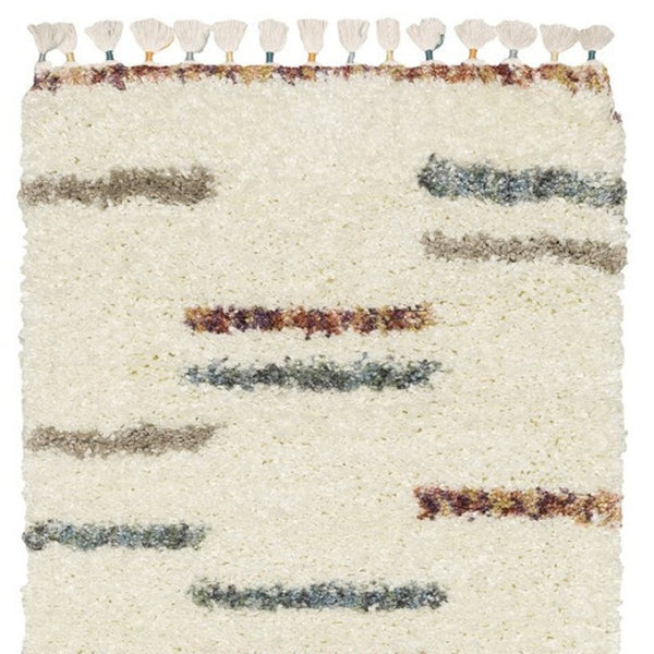 Homeroots 8' Ivory Striped Shag Runner Rug With Fringe - Stylish, Stain Resistant, Perfect For Any Decor! 8' Runner Polypropylene 576086