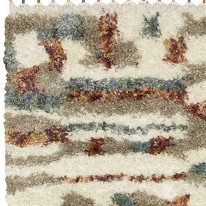 Homeroots 5' Cozy Tan Gray Ivory Abstract Shag Area Rug With Fringe – Stylish, Stain-resistant, Soft Luxury 8' Runner Polypropylene 576088