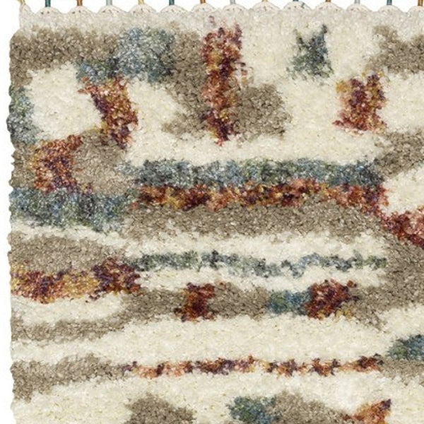 Homeroots 5' Cozy Tan Gray Ivory Abstract Shag Area Rug With Fringe – Stylish, Stain-resistant, Soft Luxury 8' Runner Polypropylene 576088