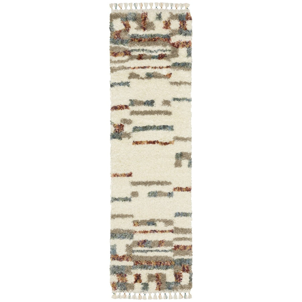 HomeRoots 5' Abstract Shag Area Rug in Tan, Gray, and Ivory with Fringe – Soft, Durable, and Stylish Décor Solution 8' Runner 576088