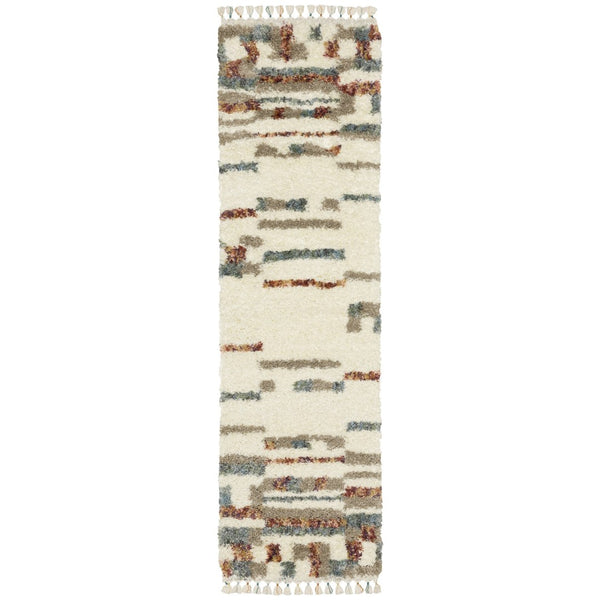 HomeRoots 5' Abstract Shag Area Rug in Tan, Gray, and Ivory with Fringe – Soft, Durable, and Stylish Décor Solution 8' Runner 576088