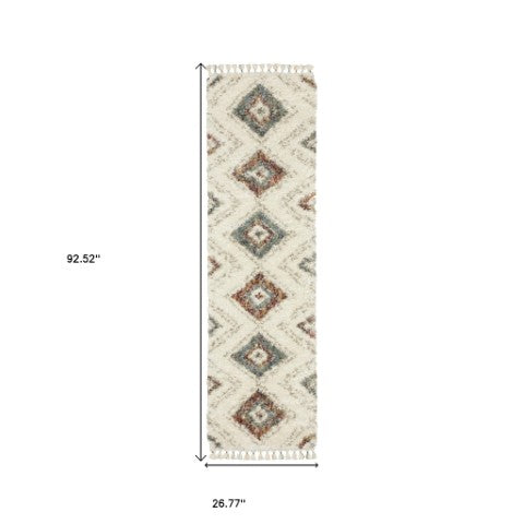 Homeroots 5' Ivory Southwestern Shag Area Rug With Fringe - Cozy, Stylish, And Stain Resistant For Any Decor 8' Runner Polypropylene 576089