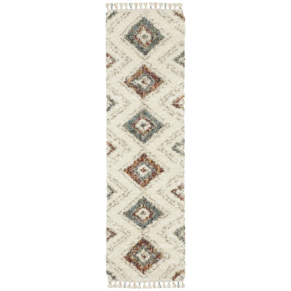 HomeRoots 5' Cozy Southwestern Shag Area Rug in Ivory, Red & Orange with Trendy Fringed Edges for Any Space 8' Runner 576089