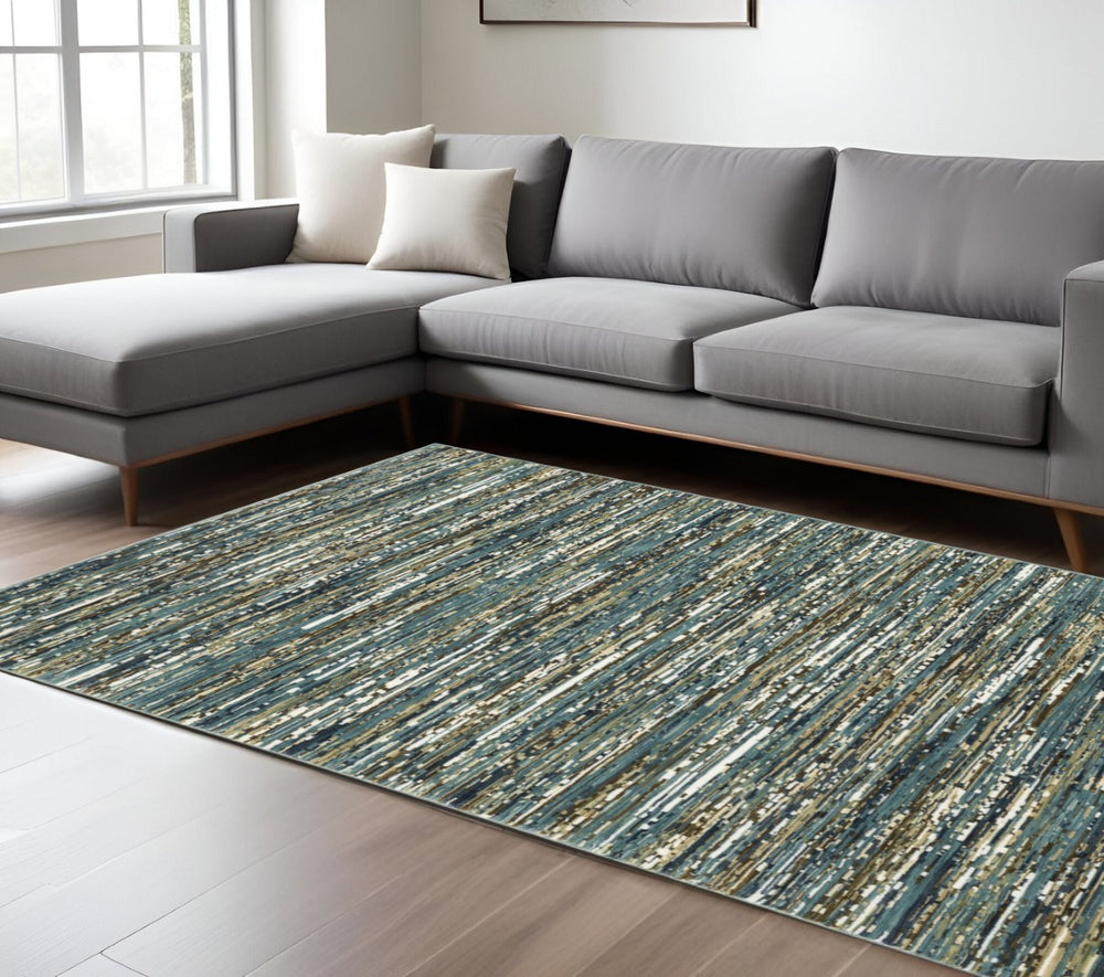 HomeRoots 3' Blue, Brown & Ivory Striped Area Rug - Durable, Stain-Resistant for High-Traffic Areas & Style 8' X 11' 576091