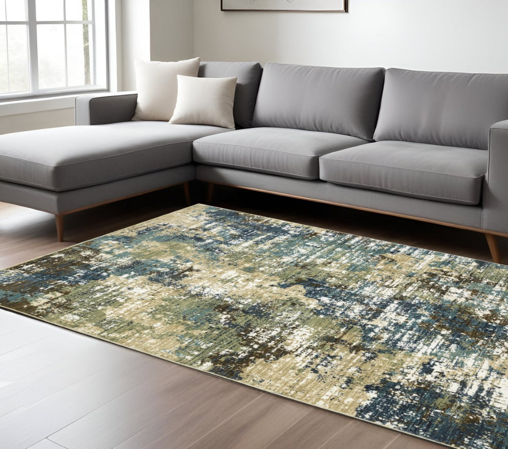 HomeRoots 3' Blue and Green Abstract Area Rug – Durable, Stain Resistant, Perfect for Modern Homes with Kids & Pets 8' X 11' 576096