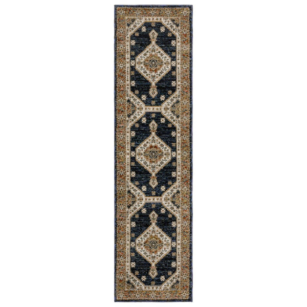 HomeRoots 3' Blue and Orange Medallion Area Rug - Stylish, Durable, Stain-Resistant Design for Any Room 8' Runner 576112