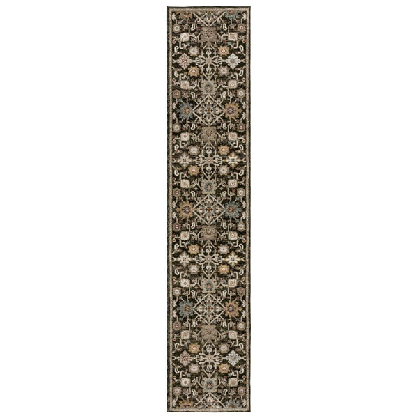 HomeRoots 3' Classic Brown, Black, and Tan Oriental Area Rug – Stylish, Stain-Resistant Home Essential 8' Runner 576113