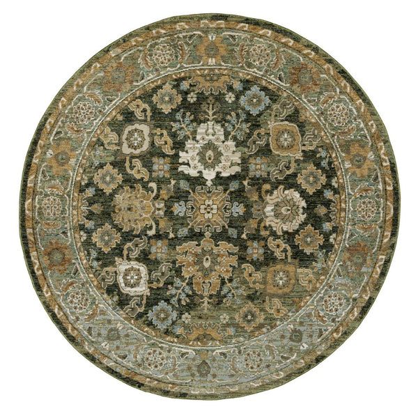 HomeRoots 3' Elegant Green and Gold Oriental Area Rug - Durable, Stain-Resistant Design for Timeless Style 7'10" Round 576115