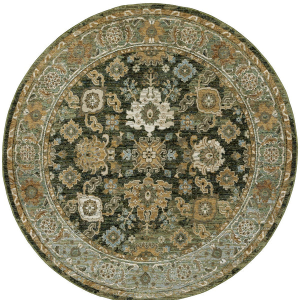Homeroots 2' Enchanting Green Oriental Area Rug - Stain Resistant, Perfect For Homes With Kids And Pets! 7'10" Round Polypropylene 576115