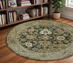 Homeroots 2' Enchanting Green Oriental Area Rug - Stain Resistant, Perfect For Homes With Kids And Pets! 7'10" Round Polypropylene 576115