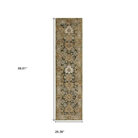 Homeroots 2' Enchanting Green Oriental Area Rug - Stain Resistant, Perfect For Homes With Kids And Pets! 8' Runner Polypropylene 576116