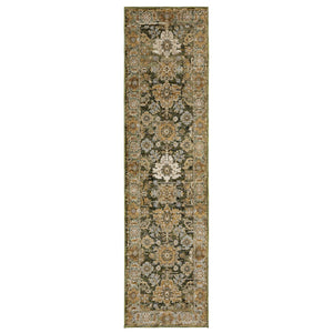 HomeRoots 3' Elegant Green and Gold Oriental Area Rug - Durable, Stain-Resistant Design for Timeless Style 8' Runner 576116