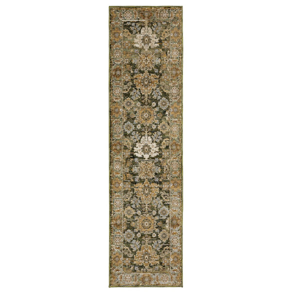 HomeRoots 3' Elegant Green and Gold Oriental Area Rug - Durable, Stain-Resistant Design for Timeless Style 8' Runner 576116